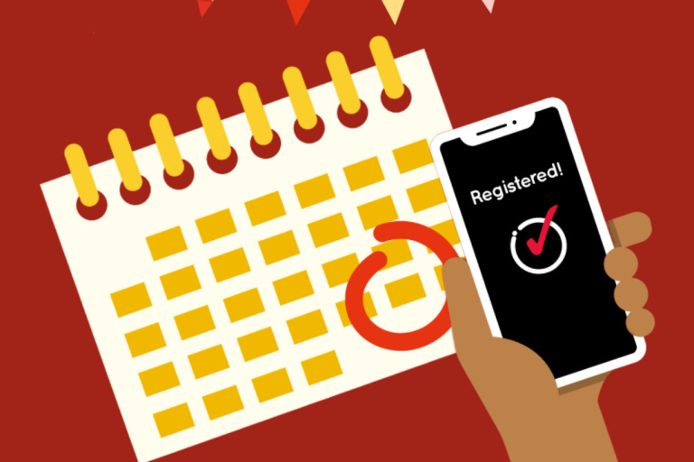 Illustrations of bunting, a calendar and a person's hand holding a phone showing the word: "Registered" with a tick inside of a circle. Text at the bottom of the graphic reads: "Foster4Leeds information event"