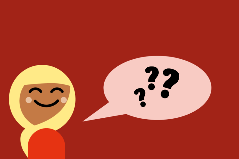 Illustration of a woman standing with a speech bubble containing question marks.