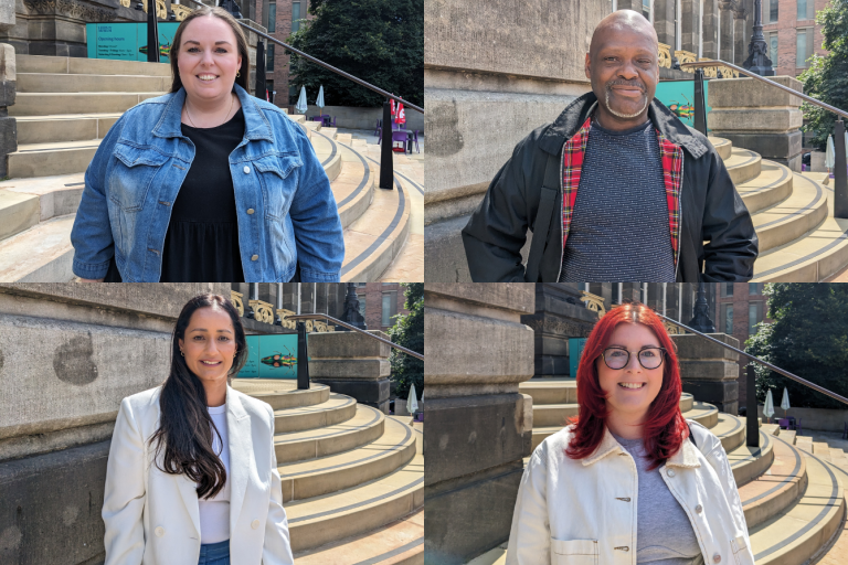 A collage of foster carers. Top left is Steph, a woman wearing a blue denim over-shirt and black t-shirt. Top right is Errol, a man wearing a black harrington jacket and grey jumper. Bottom left is Khairun, a woman wearing a white blazer and white t-short. Bottom right is Emma, a woman with a cream jumper and grey t-shirt.
