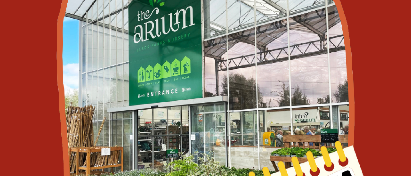 A photo of the exterior of The Arium in Leeds within an orange-framed square. Above the photo is illustration of flag bunting. To the bottom right of the photo is a graphic of a calendar and a person holding a phone that shows a tick and the word: "Registered".
