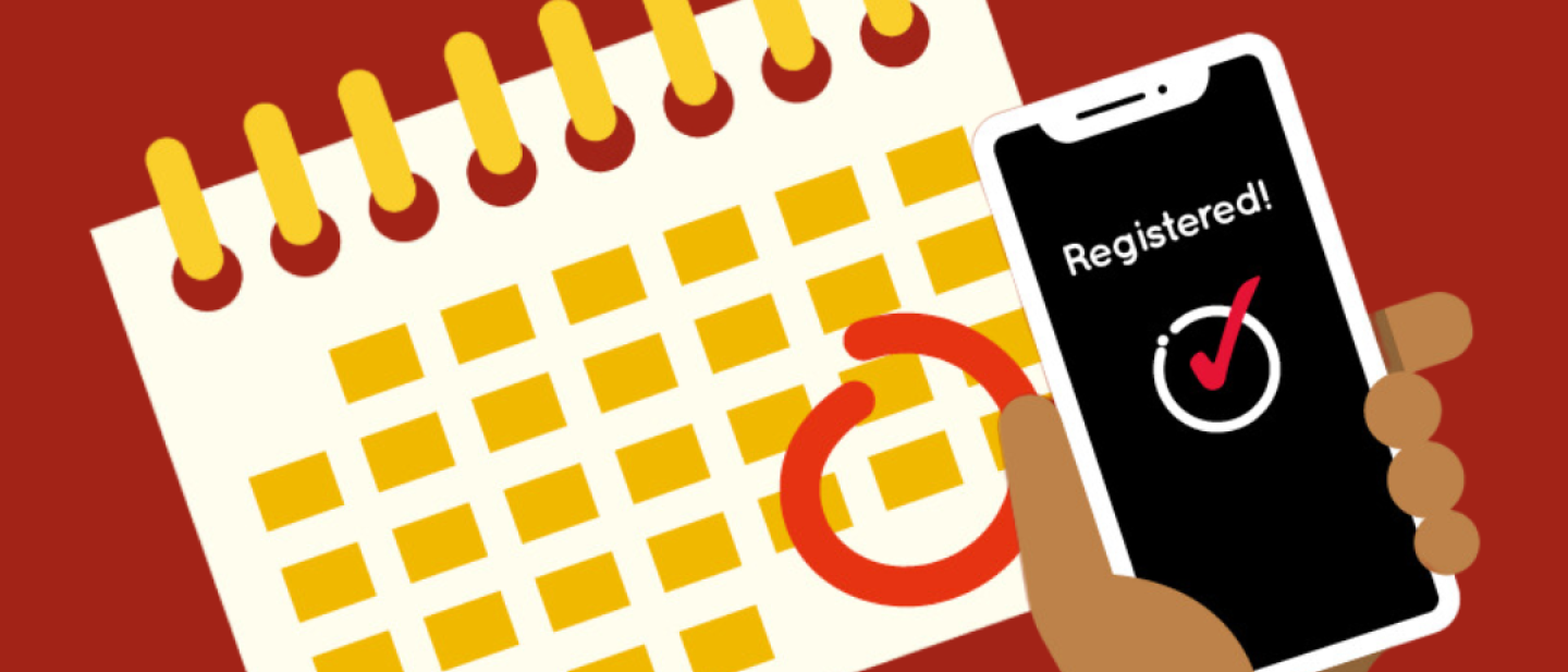 A hand holding a phone in front of a calendar with a date circled.