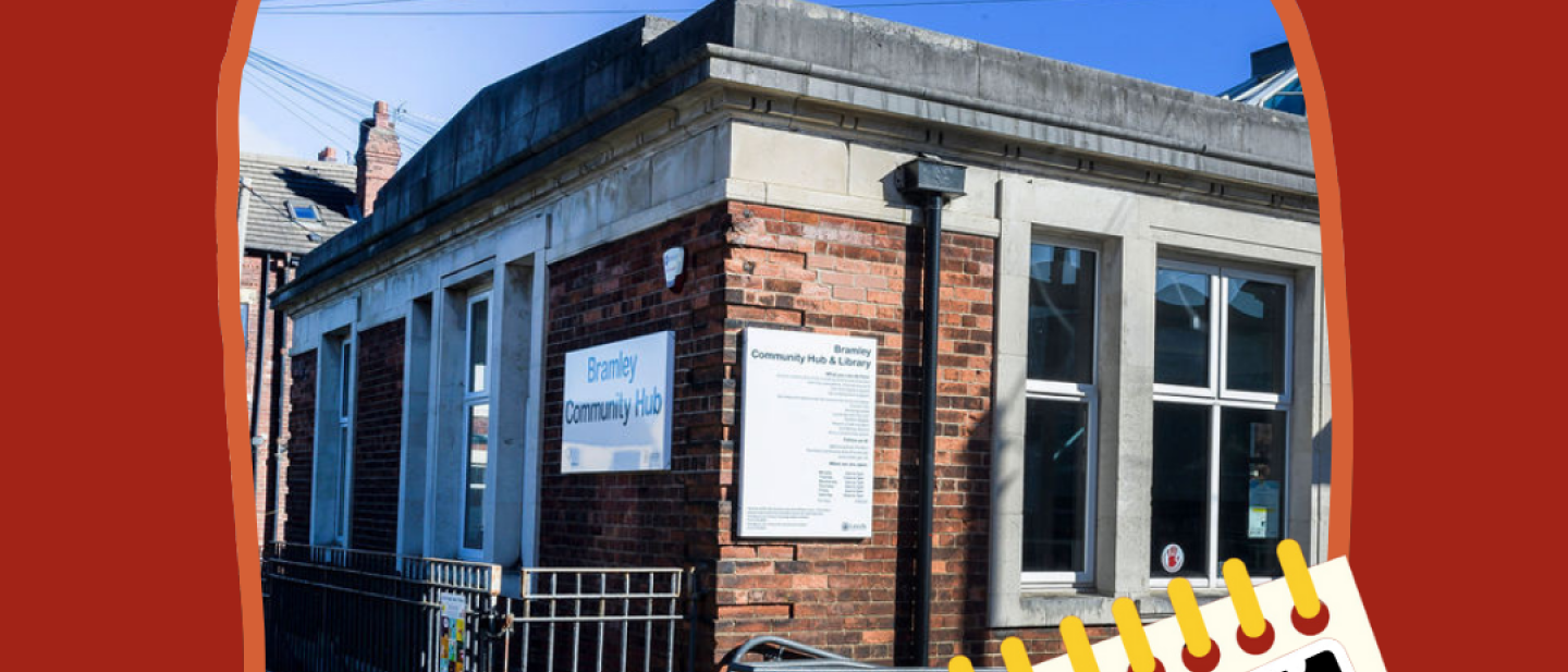 A photo of the exterior of Bramley Community Hub and Library, alongside illustrations of flag bunting, a calendar, and a hand holding a phone that says: "Registered!" on the screen.
