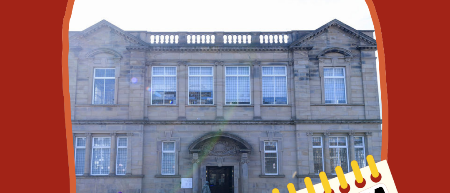 A photo of the exterior of Morley Community Hub and Library, alongside illustrations of flag bunting, a calendar, and a hand holding a phone that says: "Registered!" on the screen.