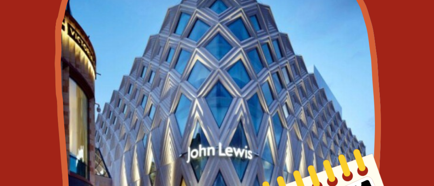 A photo of the exterior of John Lewis in Victoria Gate, with an illustration of a calendar and a hand holding a phone with the word 'Registered!' on its screen.