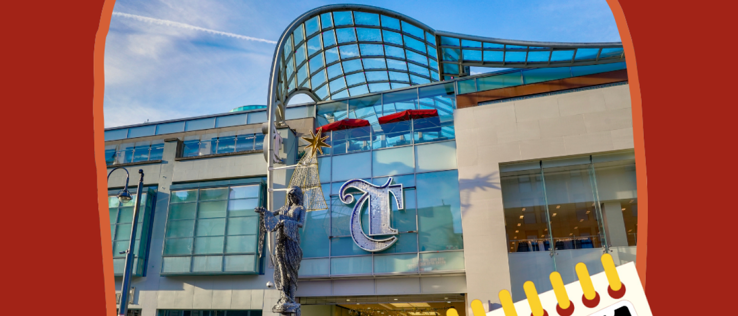 A photo of the exterior of Trinity Leeds shopping centre, with an illustration of a calendar and a hand holding a phone with the word 'Registered!' on its screen.
