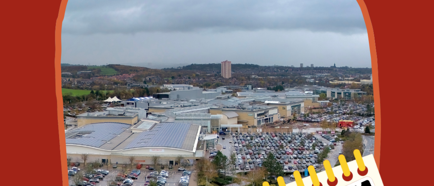 A photo of the exterior of White Rose shopping centre, with an illustration of a calendar and a hand holding a phone with the word 'Registered!' on its screen.