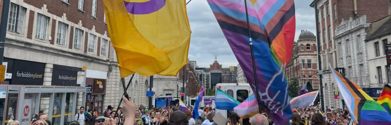 Flags and people marching in the city centre during Leeds Pride 2024.