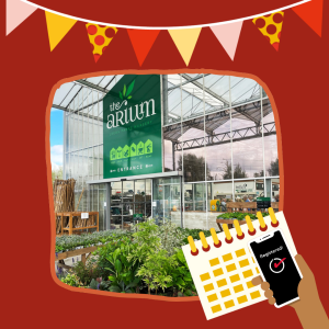 A photo of the exterior of The Arium in Leeds within an orange-framed square. Above the photo is illustration of flag bunting. To the bottom right of the photo is a graphic of a calendar and a person holding a phone that shows a tick and the word: "Registered".