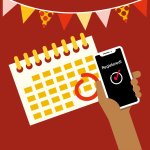 A hand holding a phone in front of a calendar with a date circled.