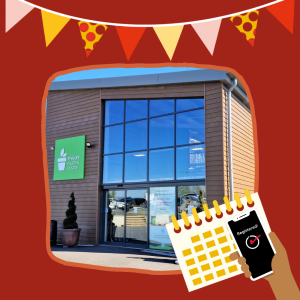 A photo of the exterior of Tingley Garden Centre, alongside illustrations of hanging flags, a calendar, and a hand holding a phone with the word "Registered!" appearing on the phone's screen.