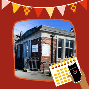 A photo of the exterior of Bramley Community Hub and Library, alongside illustrations of flag bunting, a calendar, and a hand holding a phone that says: "Registered!" on the screen.