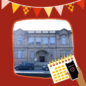 A photo of the exterior of Morley Community Hub and Library, alongside illustrations of flag bunting, a calendar, and a hand holding a phone that says: "Registered!" on the screen.