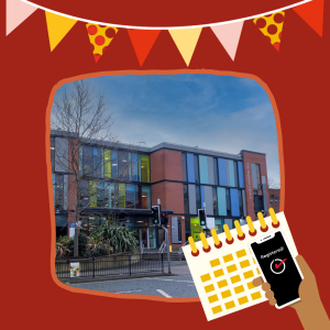 A photo of the exterior of The Reginald Centre, alongside illustrations of flag bunting, a calendar, and a hand holding a phone that says: "Registered!" on the screen.