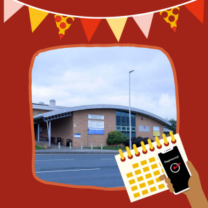 A photo of the exterior of St George's Centre, alongside illustrations of flag bunting, a calendar, and a hand holding a phone that says: "Registered!" on the screen.