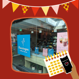 A photo of the exterior of Flamingos Coffee House sits in an orange outline. Above the photo is bunting, and below are illustrations of a calendar and a hand holding a phone with the word 'Registered' on the screen.