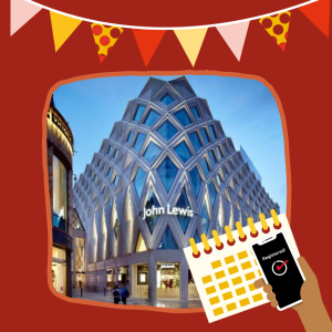 A photo of the exterior of John Lewis in Victoria Gate, with an illustration of a calendar and a hand holding a phone with the word 'Registered!' on its screen.