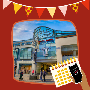 A photo of the exterior of Trinity Leeds shopping centre, with an illustration of a calendar and a hand holding a phone with the word 'Registered!' on its screen.