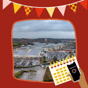 A photo of the exterior of White Rose shopping centre, with an illustration of a calendar and a hand holding a phone with the word 'Registered!' on its screen.